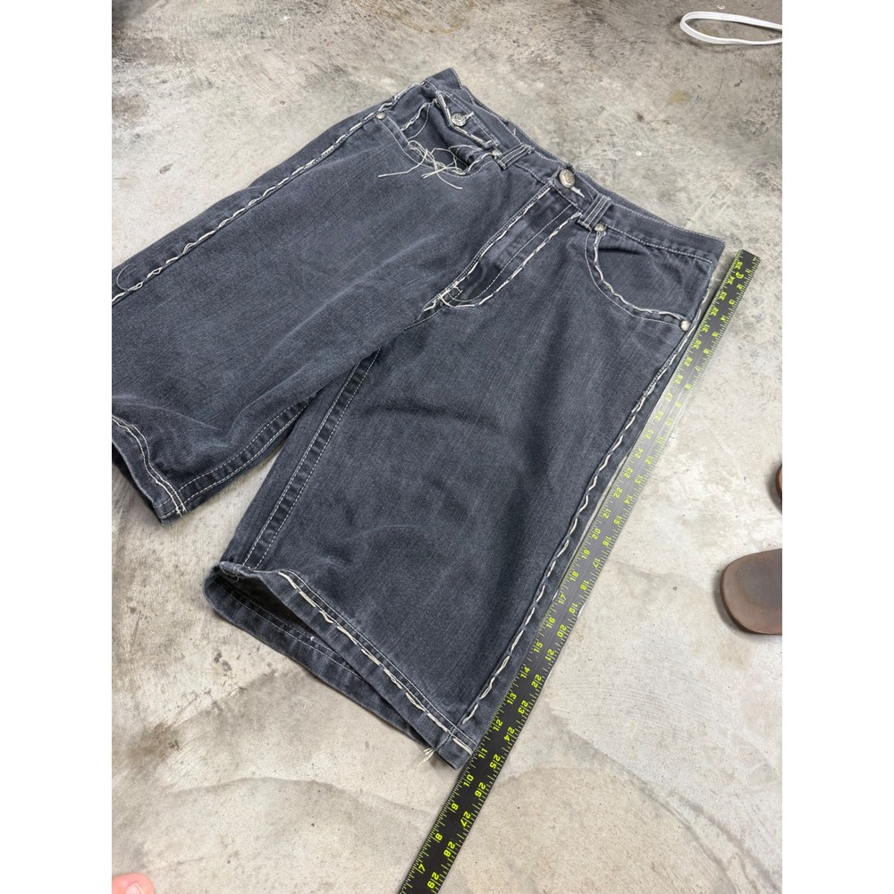 Vintage Southpole Baggy Denim Jorts Black Flame Embroidered Y2K Skater Shorts 36 - Picture 4 of 8